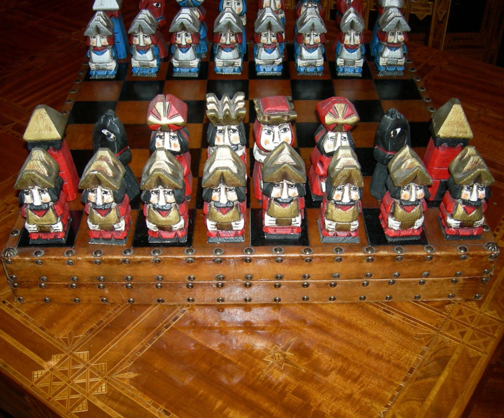 Mid-20th Century Carved Wood and Leather Chess Set