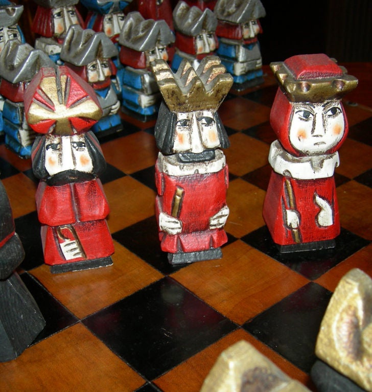 Carved Wood and Leather Chess Set 1