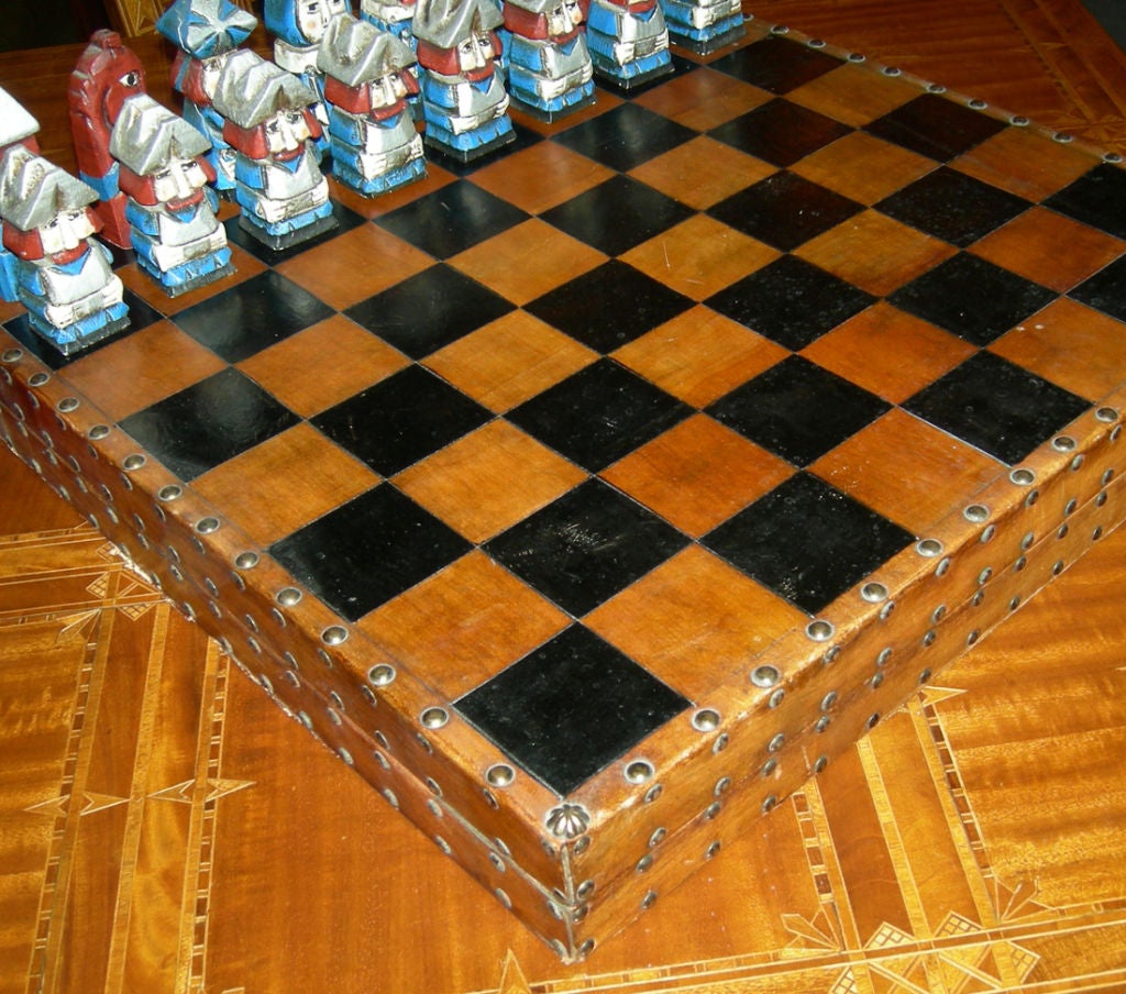 Carved Wood and Leather Chess Set 2