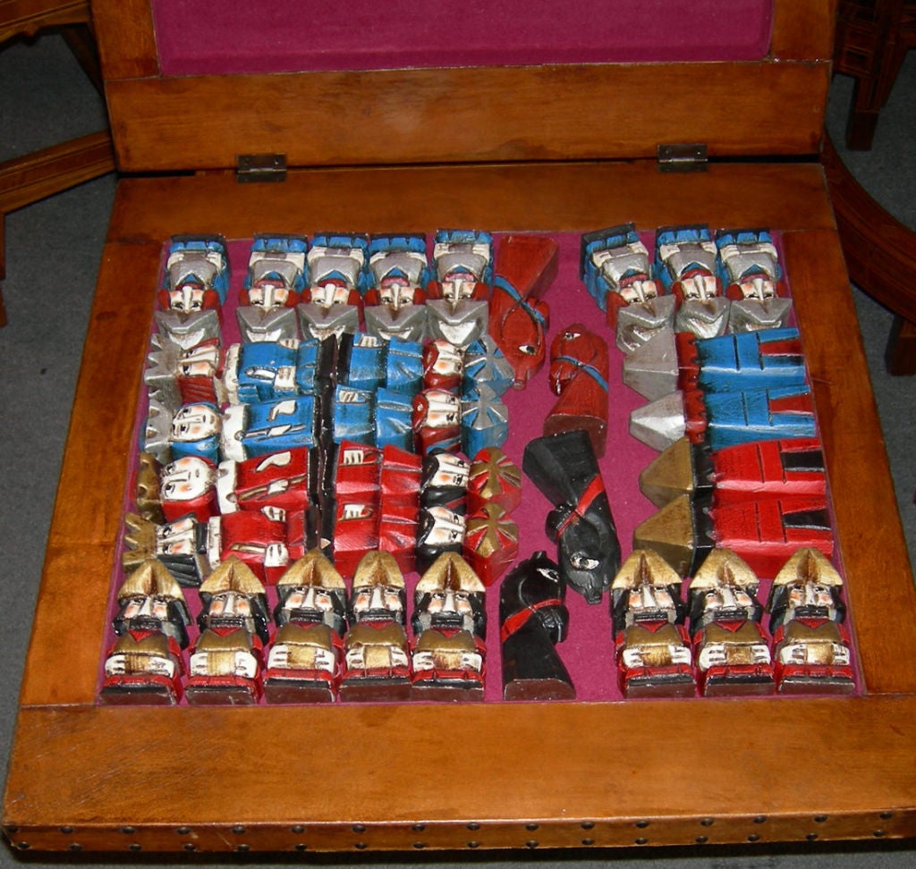 Carved Wood and Leather Chess Set 3