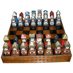 Carved Wood and Leather Chess Set