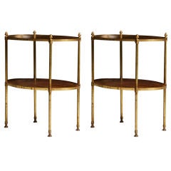 Pair of Brass Two Tiered Leather Top Side Tables