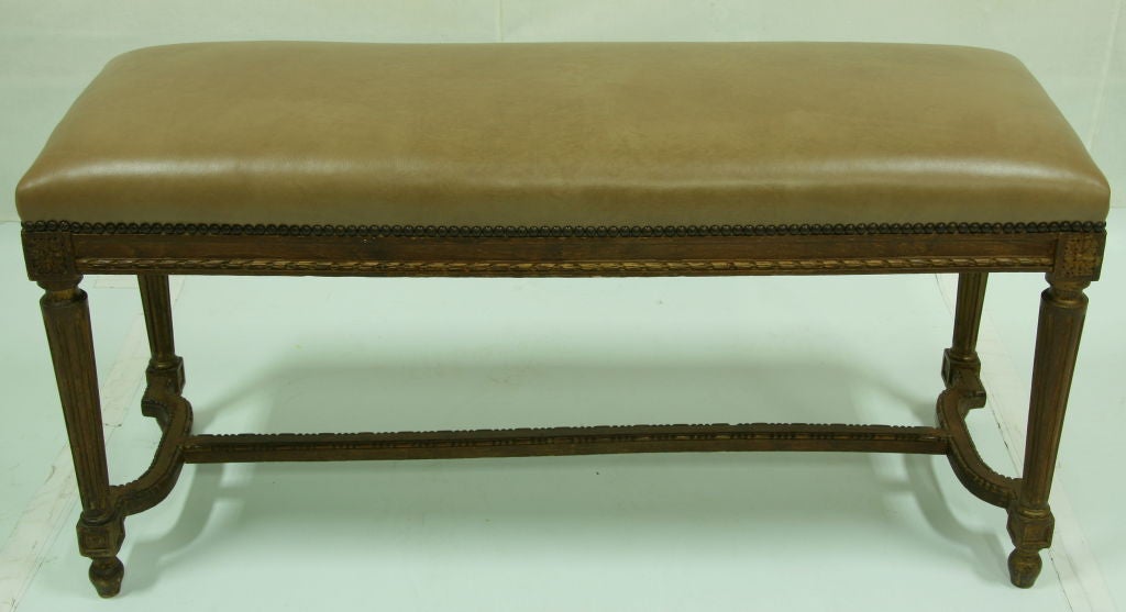 19TH CENTURY FENCH BEECHWOOD BENCH RECENTLY UPHOLSTERED IN  HIGH GRADE LEATHER (also ottoman, sofa table)