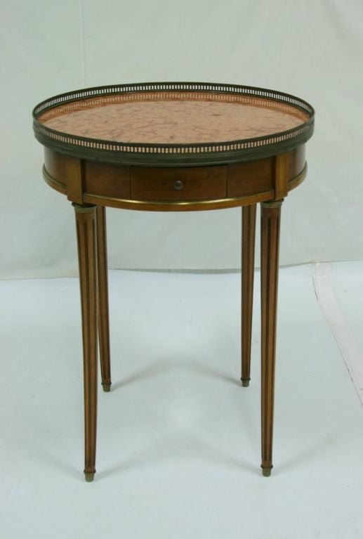 19th Century French Cherry Bouillotte Table With Rouge Marble Top and Brass Gallery