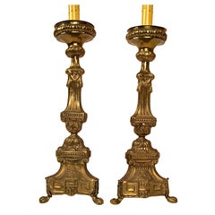 Antique 19th Century Brass Repousse Altar Candlesticks, Lamps
