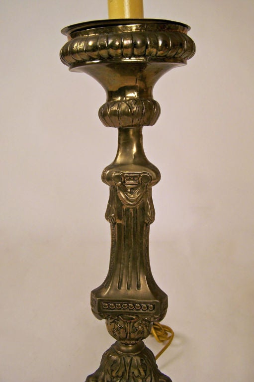 Repoussé 19th Century Brass Repousse Altar Candlesticks, Lamps