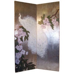 Vintage Large Silver Leaf and Painted Screen