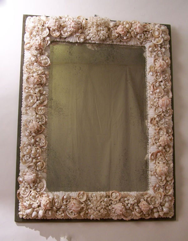 Truly remarkable vintage seashell and coral frame with beveled glass mirror. Newly mounted on moss green suede covered back panel.