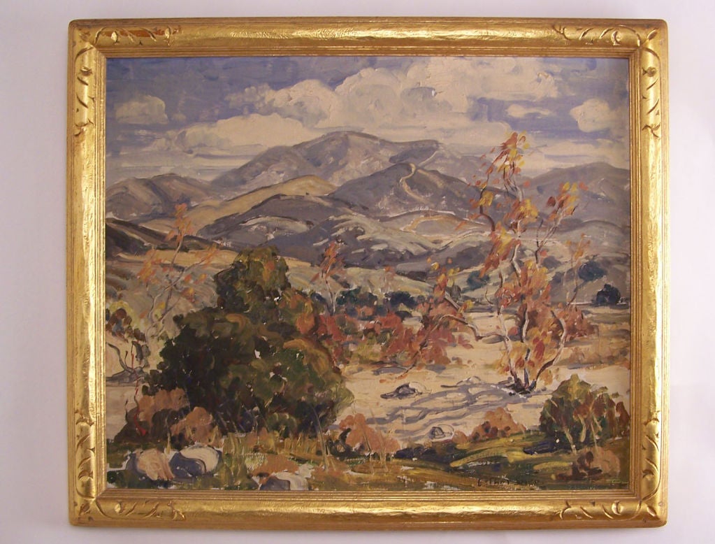 California landscape painting in original period carved and gilded wood frame. Signed, Esther Smee ( b.1917 )
Esther B. Smee was born in Pennsylvania in 1917.  Smee was a resident of Middlesex, PA in 1930 and Long Beach in the late 1930s.