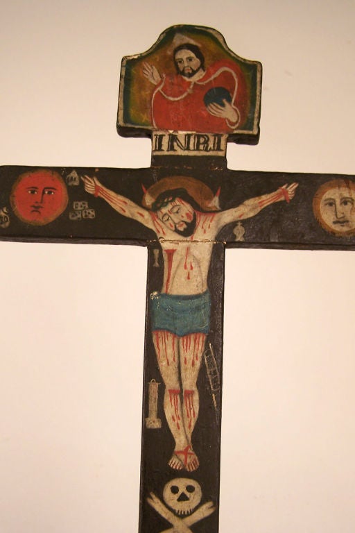 Wood 19thC Spanish Colonial Folk Art Crucifix