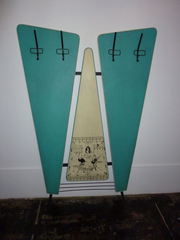 Pair of 1950s wall coat racks by Jeam-Verona. Formica in vinyl upholstery with the traditional painting of Verona. it can be sold as one for $1100.
USA continental in home delivery $500