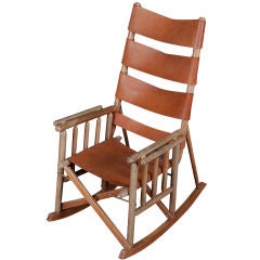 Vintage Folding Leather & Wood Rocking Chair
