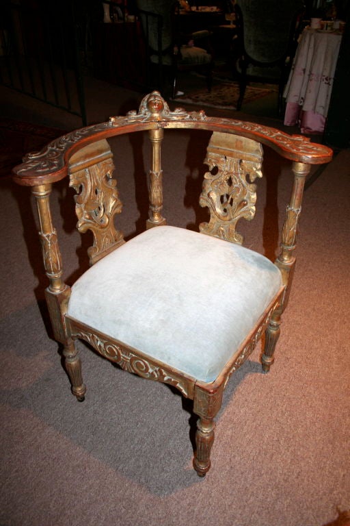 Pair of 19th c. baroque italian corner guilded chairs upholstered with gray velvet
