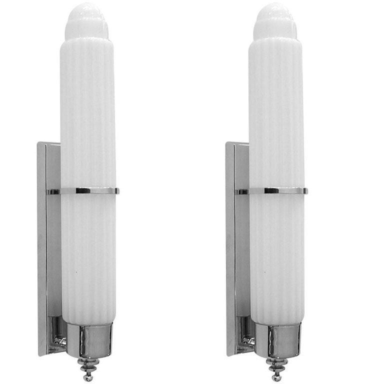 Pair Original Streamline Art Deco Chrome 
White Glass Sconces