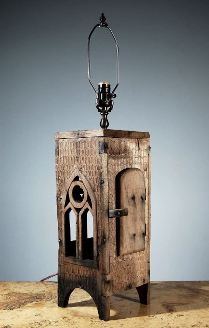 An Unusual  French L'Art Populaire Wooden Lantern In Pine with Naive Carvings of Gothic Windows. Circa late 19th -Early 20th Century. Now Fitted as a Lamp
