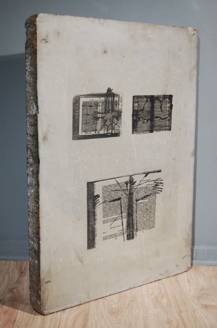 A Large Lithography Stone with Images Featuring Texts from Simone de Beauvoir. French, Jura Region, Circa 1970's