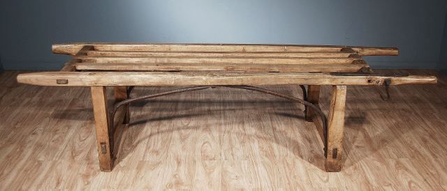 An Unusual Bench in Oak, Pine and Iron, Designed To Carry a Pig From Slaughter, by Two or More Men. Would make an Excellent End of the Bed  Surface. French, Late 19th -Early 20th Century