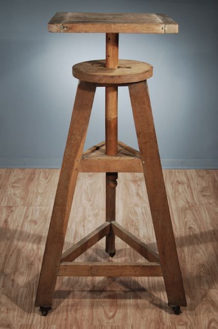 French 40's Oak Adjustable Sculpture Stand on Rollers