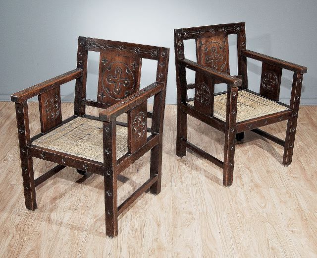 A Pair of Large Oak and Rush Fauteuils