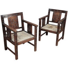 A Pair of Large Oak and Rush Fauteuils