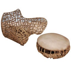 A Unique Continental Rope Covered Steel Armchair and Ottoman