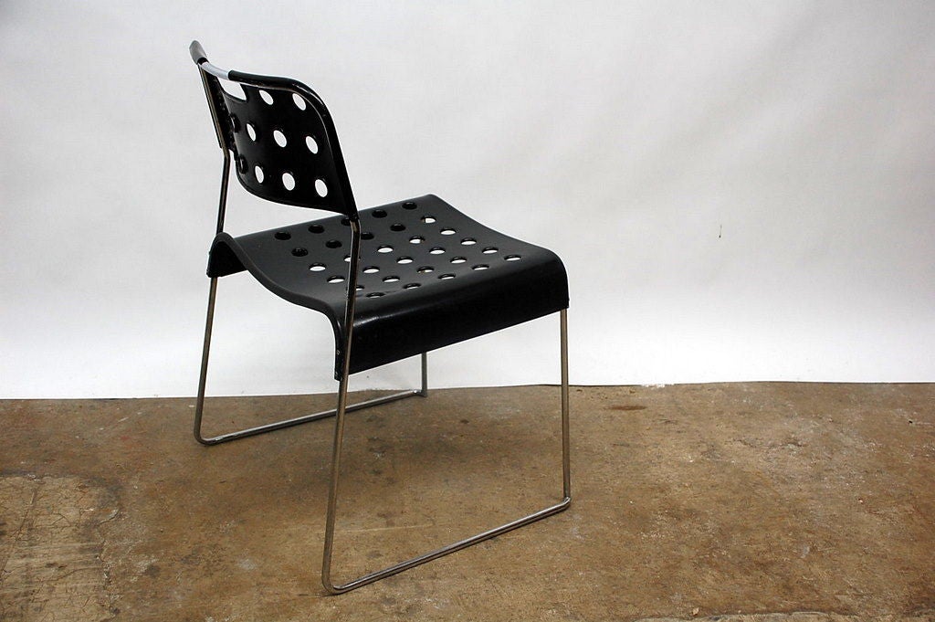 Enameled Set of Four Cool 'Omstak' Perforated Metal Chairs by Rodney Kinsman