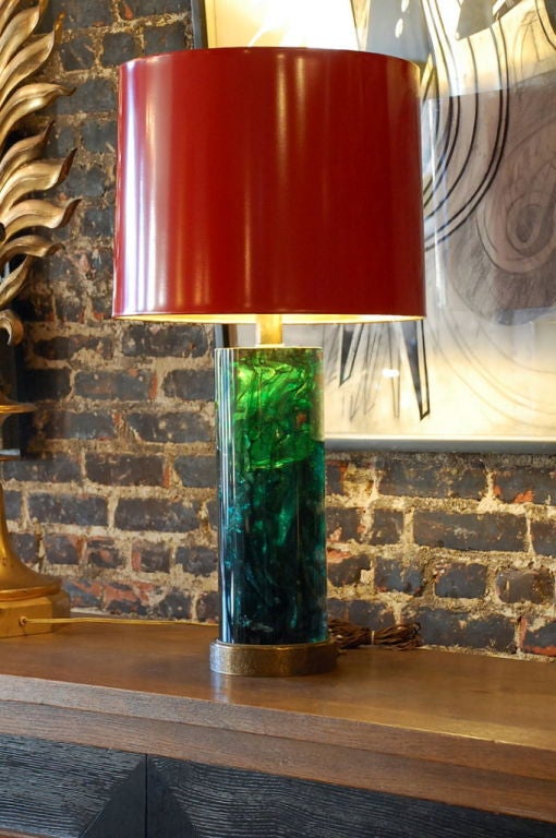 Large green fractal resin lamp with custom crimson shade