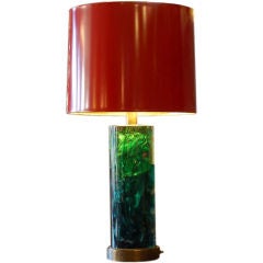 Large green fractal resin lamp with custom crimson shade