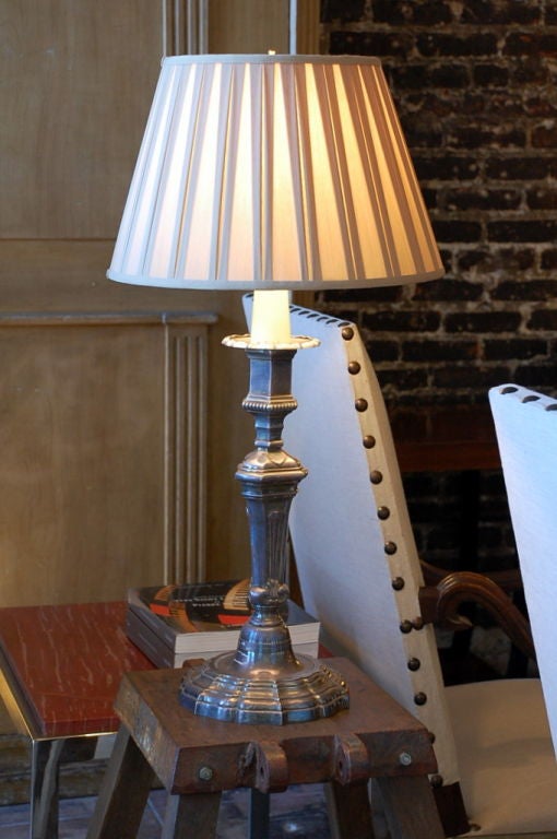 Elegant French 40's silvered bronze candlestick lamp