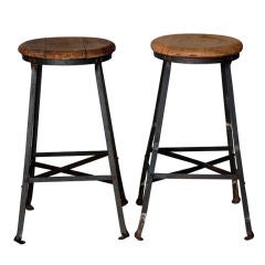 Pair of steel and oak industrial bar stools