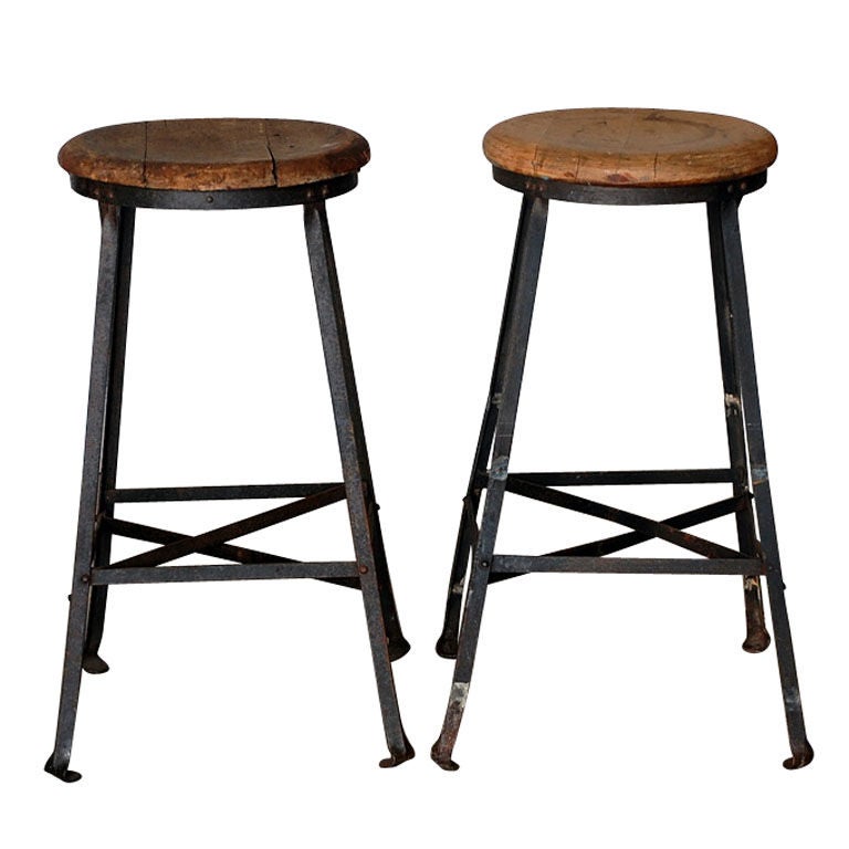 Pair of steel and oak industrial bar stools at 1stdibs