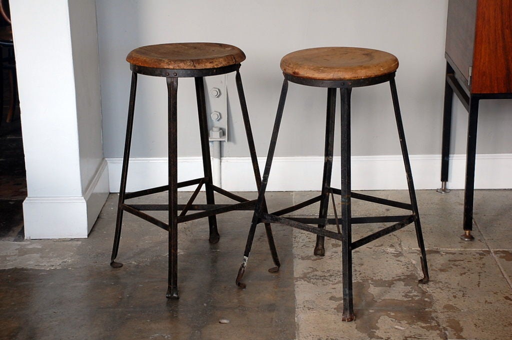 Pair of steel and oak industrial bar stools at 1stdibs