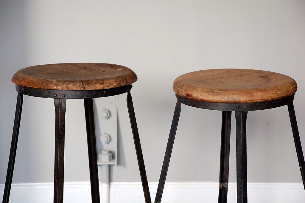 Pair of steel and oak industrial bar stools at 1stdibs