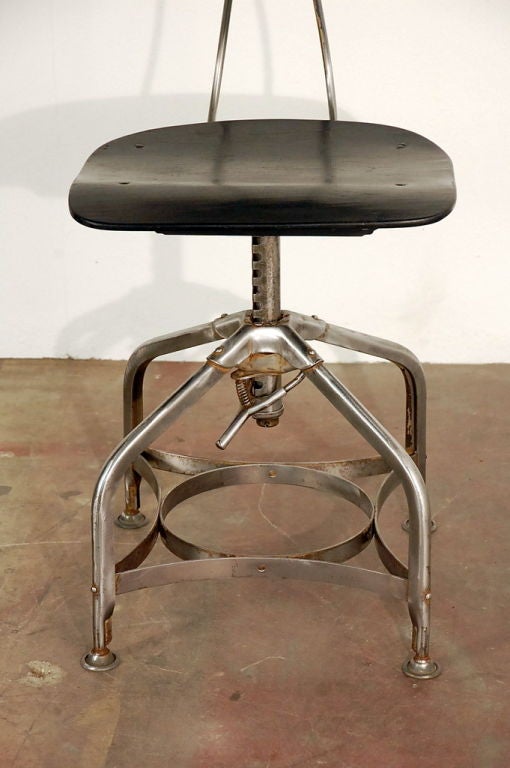 20th Century Polished steel and ebonized wood Toledo drafting stool