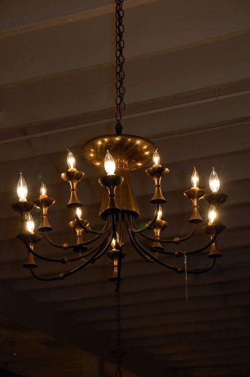 American Large Brass Chandelier in the Style of Paavo Tynell