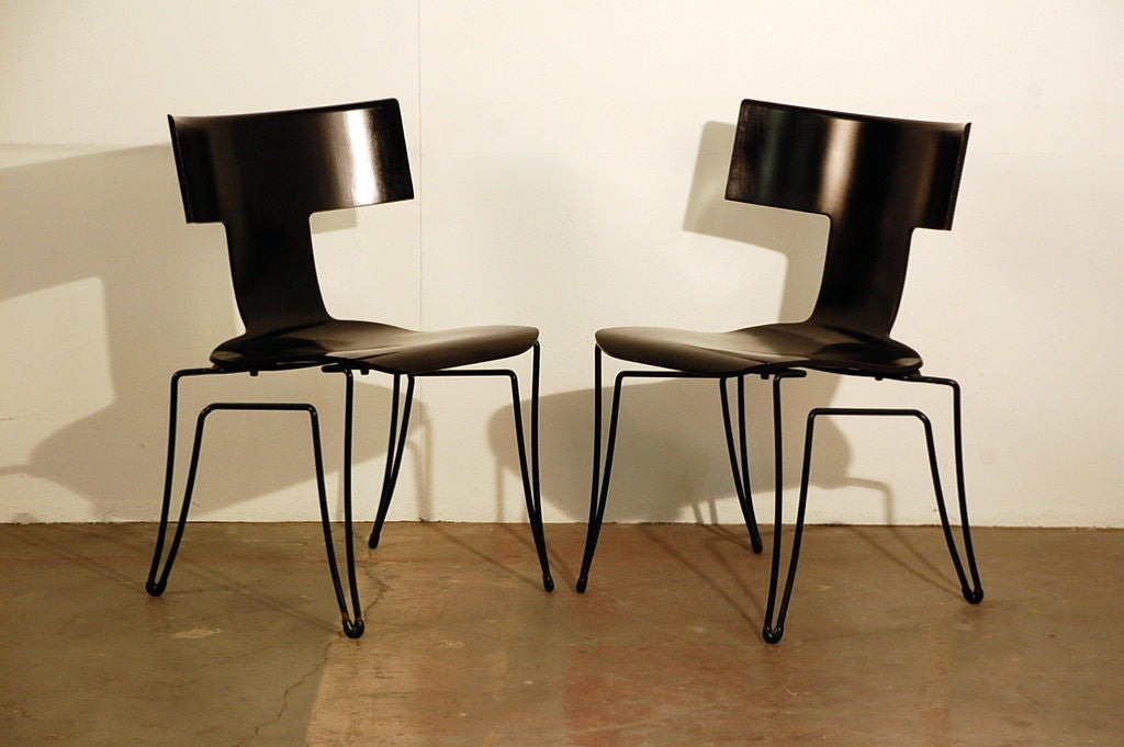 Pair of classic Klismos chairs designed by John Hutton (1947-2006) for Donghia. 18 in. seat height.<br />
<br />
From 1978 to 1998, Mr. Hutton was the design director of Donghia, a leading supplier of fabrics and furnishings to interior designers