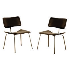 Pair of Slender Italian Stitched Leather Lounge Chairs 9