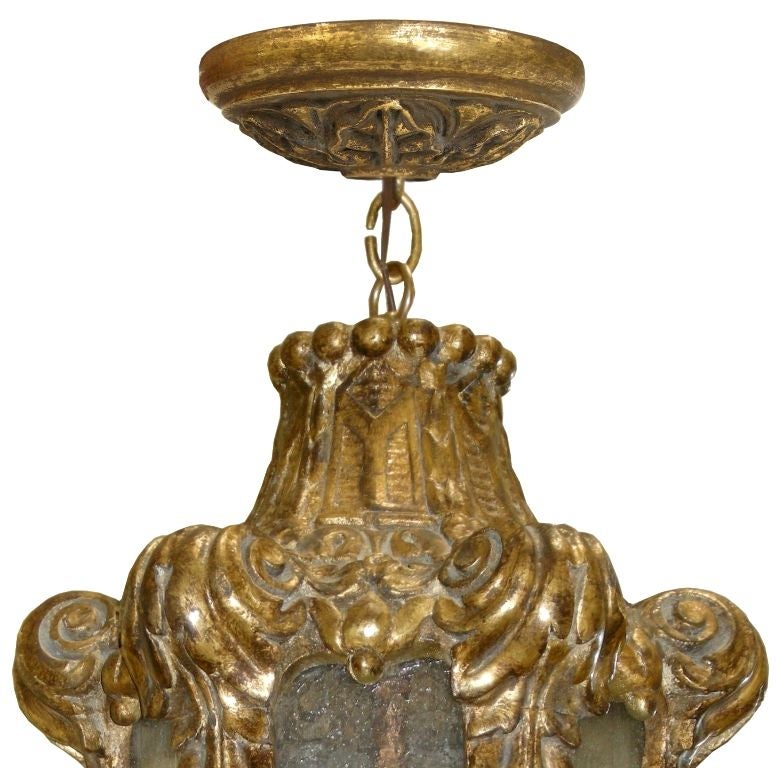 19th Century French Louis XVI Style Carved Giltwood Lantern, with Later Seeded Glass, Internal 3-Lite Pendent and Matching Carved Giltwood Canopy.  (Height given 30H, with canopy+link as shown)