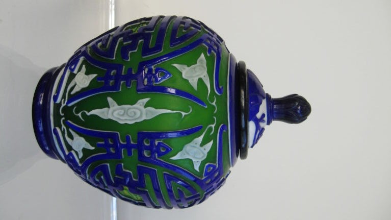 Chinese Four Color Incised Peking Glass Jar