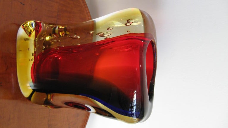 FREE FORM RED, YELLOW AND BLUE, MURANO GLASS VASE. MADE IN ITALY BY VETREIRA ARTISTICA OBALL. SIGN ON BOTTOM