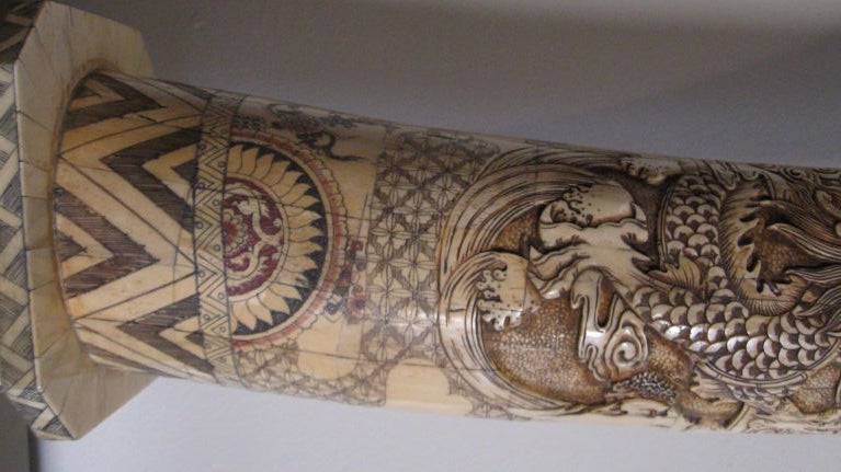Pair Of Elaborately Hand Carved Bone Tusks 4