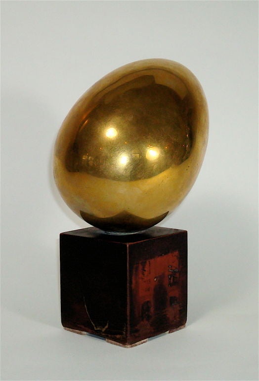 French Brass Ovoid Sculpture on Red Lacquered Pedestal