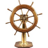 Antique An American Brass and Wood Ship's Wheel and Steering Pedestal