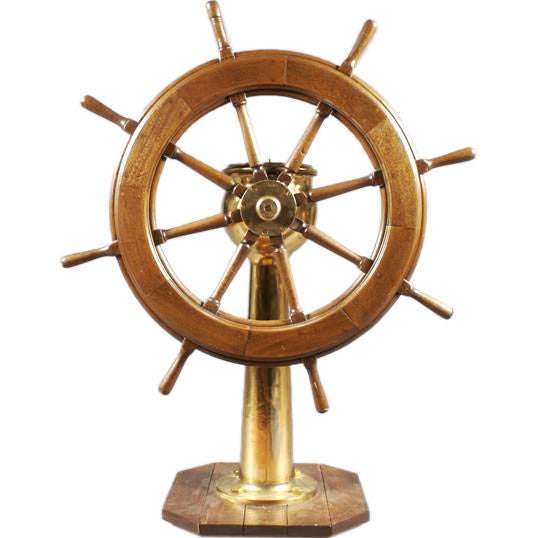 An American Brass and Wood Ship's Wheel and Steering Pedestal