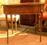 Diminutive Louis XV style kidney shaped vanity or writing table, burled elm with rosewood inlay with dore' bronze mounts. Great color and patination.