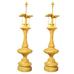 One Pair French Style Turned Wood Lamps With Worn Painted Finish