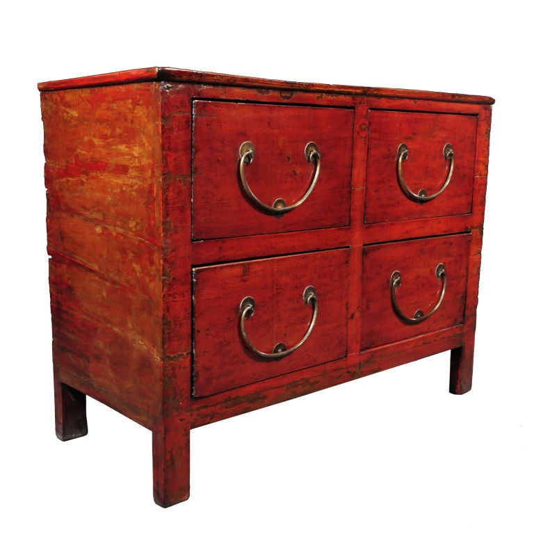 Red Lacquered Four Drawer Chest