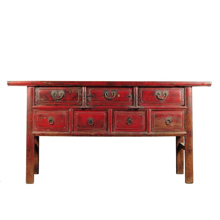 A 19th century Chinese red lacquered elmwood coffer with sever drawers, brass hardware and wonderful patina.<br />
<br />
Pagoda Red Collection #:  Y083<br />
<br />
<br />
Keywords:  Table, sideboard, buffet, server, credenza, console, sofa