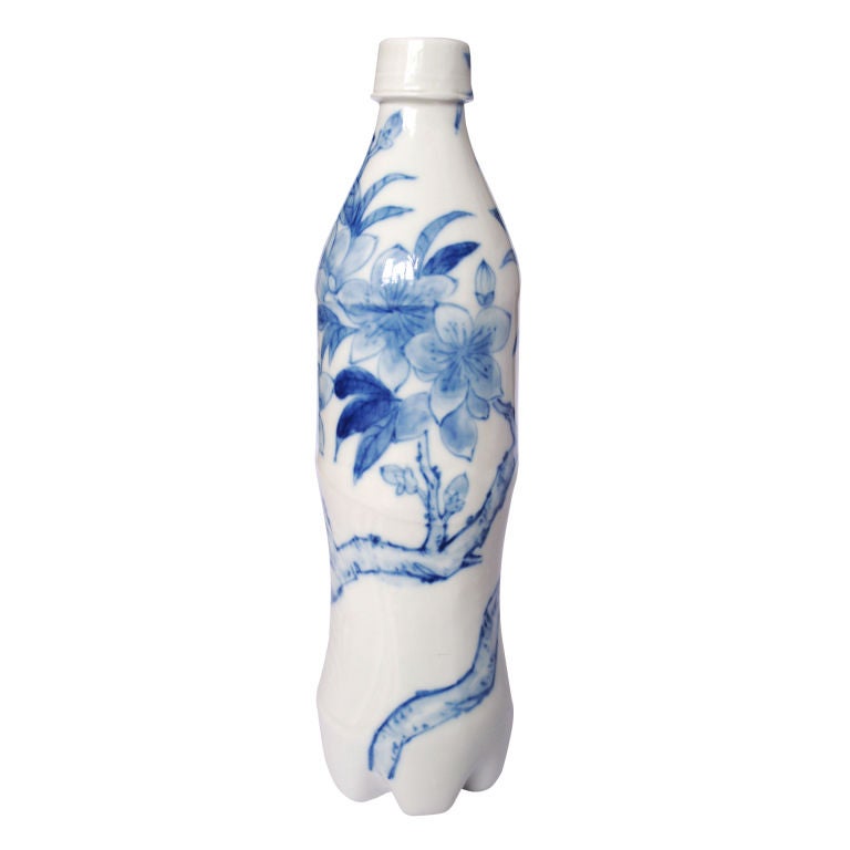 Porcelain Set of Six Blue and White Cola Bottles
