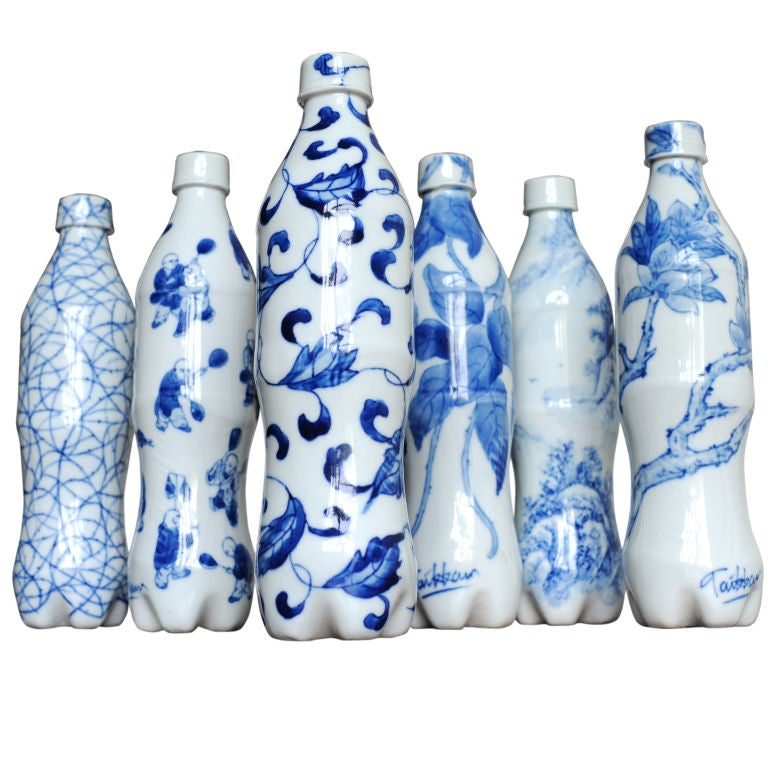 Set of Six Blue and White Cola Bottles